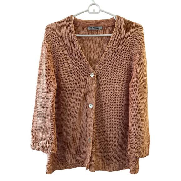 John Patrick Linen Knit Cardigan Pearl Button Size Medium Sheer Peach - Picture 1 of 7